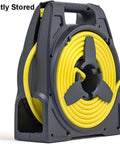 Heavy Duty Retractable Garden Hose Reel Cart With 82 Foot Hose And Multifunction Spray Nozzle, yellow hose neatly stored in durable gray reel.