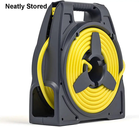 Heavy Duty Retractable Garden Hose Reel Cart With 82 Foot Hose And Multifunction Spray Nozzle, yellow hose neatly stored in durable gray reel.