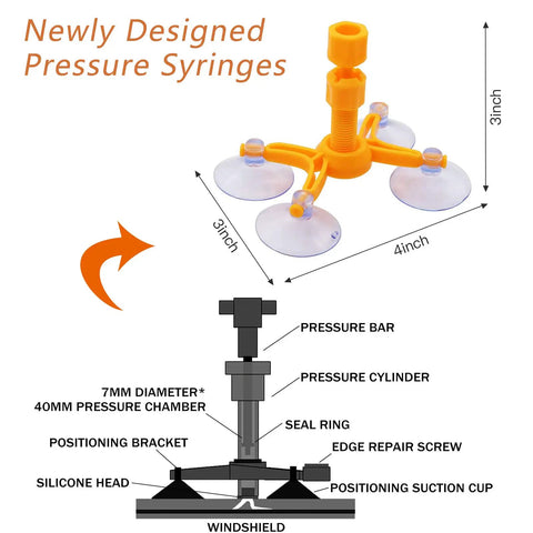 Windshield Repair Kit With Glass Repair Fluid 4 Piece Set for chips with pressure syringe dimensions diagram.