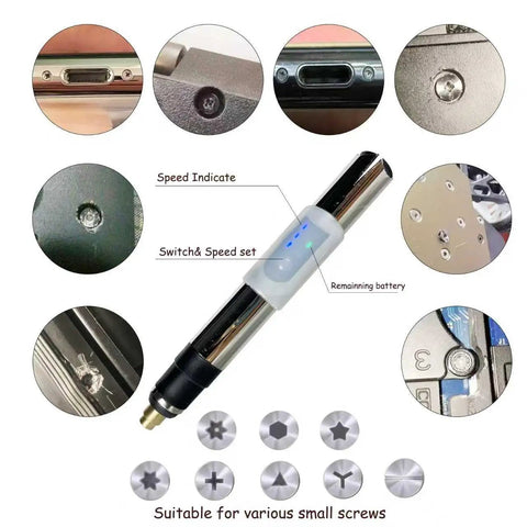 Cordless Rechargeable Broken Screw Extractor Kit With Four Tungsten Steel Drill Bits To Kick Stripped Screws Right Out Of iPhones Laptops And Gadgets No Sweat Diy Fixer showing drill, battery indicator, and screw heads.