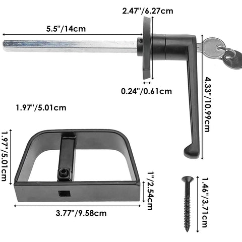 Top Notch 5 1/2 Inch Shed Door Lock L Handle Kit With Two Keys built tough, showing dimensions, chrome zinc alloy material.