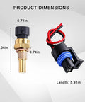Slick Car Engine Coolant Temperature Sensor With Pigtail Connector dimensions, copper housing, 2.36in long, designed for Chevy.