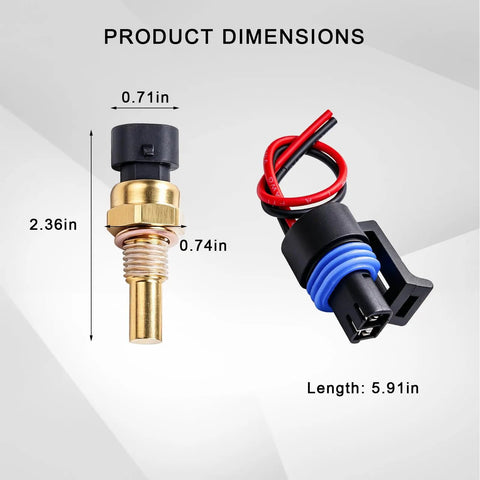 Slick Car Engine Coolant Temperature Sensor With Pigtail Connector dimensions, copper housing, 2.36in long, designed for Chevy.