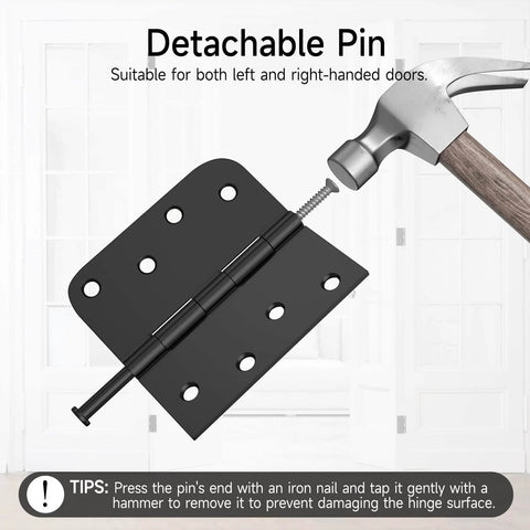 3 Pack Black Exterior Door Hinges 4 Inch With Five Eighth Inch Radius Removable Pin in use with hammer