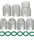 Quartz TIG Glass Cup Set For SR WP 9 17 18 20 25 26 Torch, 27-Piece Kit, clear glass cups and green seals displayed