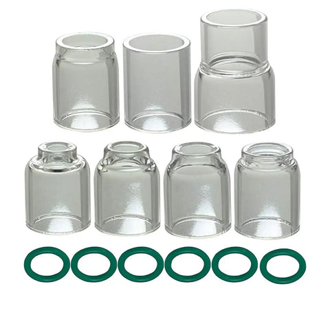 Quartz TIG Glass Cup Set For SR WP 9 17 18 20 25 26 Torch, 27-Piece Kit, clear glass cups and green seals displayed