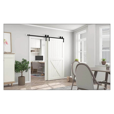 Heavy Duty Sliding Barn Door Hardware Kit For Bypass Double Doors J Shaped Hangers And Roller Track System installed in home