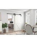 Bypass Sliding Barn Door Hardware Kit For Double Doors, matte black finish, 4ft installed on white door in living room