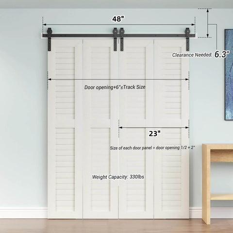 Heavy Duty 48 Inch Bi Folding Sliding Barn Door Hardware Kit with Wall Mount Rollers installed on interior wall with four 11 inch bifold doors, carbon steel matte black finish.