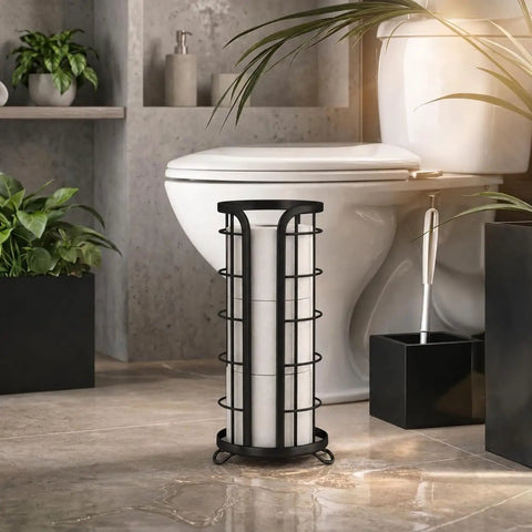 Free Standing Toilet Paper Holder With Storage That Holds Mega Rolls Black Modern Bathroom Organizer next to toilet