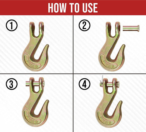 How to use 10 Pack Three Eighths Clevis Grab Hooks Grade 70 For Tow Chains And Wrecker Use Forged Alloy Steel G70 Heavy Duty.