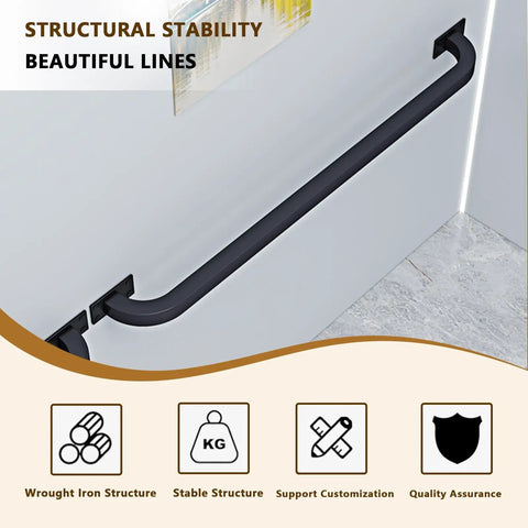 Modern Black Stair Railing Wall Mount Handrail Indoor Staircase Banister Wrought Iron with brackets attached to wall.
