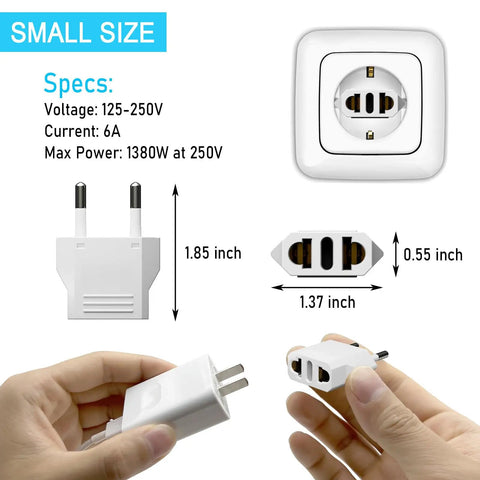 Six Pack US To Europe Type C Travel Plug Adapters specs and dimensions shown with outlet view and hand-held adapter