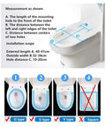 Measurement guide for Super Slick Low Drama Auto Closing Toilet Seat with fish motif, showing installation types and dimensions.