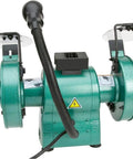 Heavy Duty 6 Inch Bench Grinder With Built In Work Light And Coolant Tray Boasts Hella Sturdy 1 3 HP Motor Delivers Top Notch Results With Durable 36 Grit Grinding Wheel Plus Wire Brush For Weekend Warriors, green compact body with overhead light.