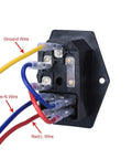 Rear view of Three Piece AC 250V 10A Three Terminal Power Socket With Fuse Holder Case On Off Switch Light, showing wire connections.