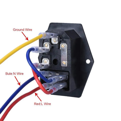 Rear view of Three Piece AC 250V 10A Three Terminal Power Socket With Fuse Holder Case On Off Switch Light, showing wire connections.