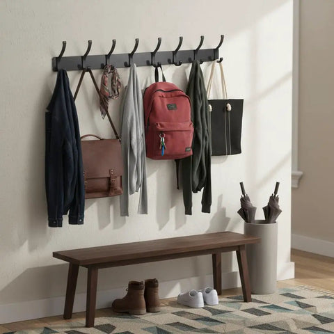Two Pack Wall Mount Coat Rack Hooks Set For Entryway And Bathroom, No Fuss Double Hanger Rail For Robes Coats Hats Bags Towels displayed
