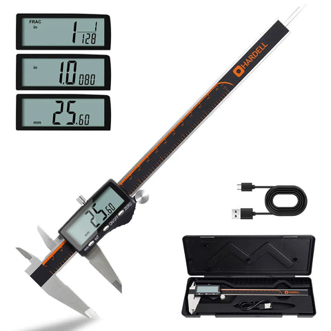 Rechargeable Digital Caliper 0 To 8 Inch With Large LCD Screen Inch Millimeter Fraction Readouts Stainless Steel Body Auto Off