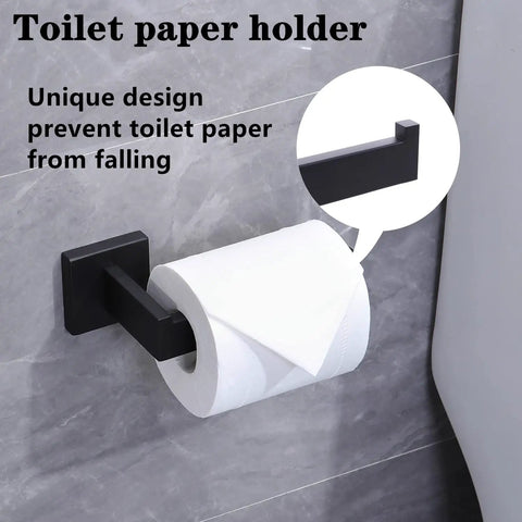 Matte Black 5 Piece Stainless Steel Bathroom Hardware Set With 23 Inch Towel Bar And Towel Rack Rustproof SUS 304 Built To Last Slick Easy Install Modern Home Upgrade For Your Bath toilet paper holder mounted on wall.
