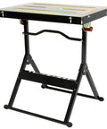 Heavy Duty Foldable Welding Table With Rock Solid Hold Industrial Workbench Built Tough For Shop Hustle Fourteen Gauge Plated Top And Three Easy Clamp Slots Adjustable Angles Stainless Steel Finish foldable table with three clamp slots and sturdy frame.