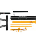 Heavy Duty Rolling Boom Engine Hoist With Two Thousand Pounds Capacity Fold Up Legs tools including hydraulic jack and support bars.