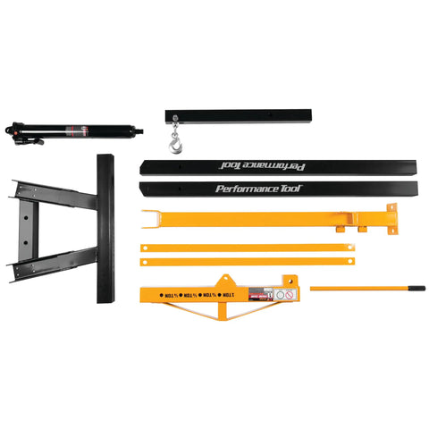 Heavy Duty Rolling Boom Engine Hoist With Two Thousand Pounds Capacity Fold Up Legs tools including hydraulic jack and support bars.