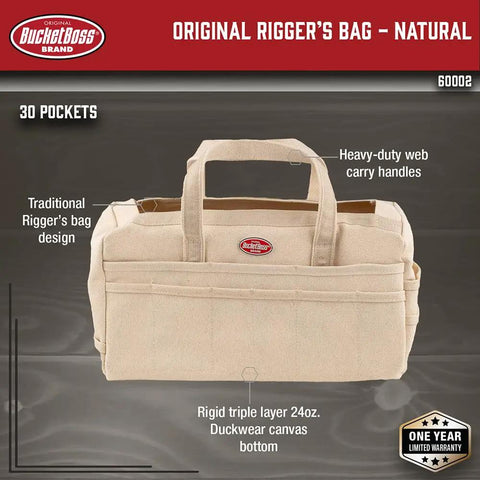 Original Rigger Bag Tool Organizer With 30 Pockets And Rigid 24 Oz Duckwear Canvas Bottom Heavy Duty Web Handles Beige Classic Rigging Tool Carrier For Construction And Trades