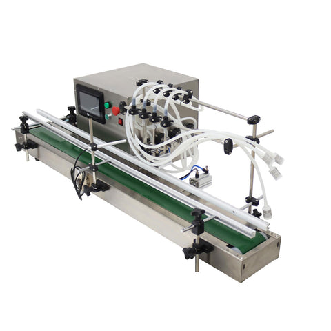 Zero Fuss Automatic Desktop 4 Head Liquid Filling Machine With Digital Controls And Rock Solid Stainless Steel Frame For Slick Dosing Of Drinks Beauty Products And Syrups 110V, viewed from the side, showing digital controls and hoses.