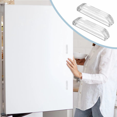 Two 2 inch mini acrylic pull handles installed on a white cabinet, showing easy grip design for cases and displays.