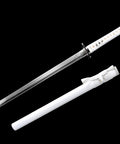 Beefy Full Tang Battle Ready Samurai Katana Sword With Black Finish Handmade 2960 Spring Steel Blade shown with white saya sheath