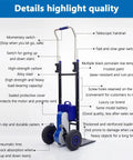 Huge Electric Hand Truck Stair Climber With Brushless Motor Makes Moving Heavy Luggage And Gear Super Easy For Travel Or Shopping Without Any Sweat So You Save Your Back On The Go with telescopic handrail and steel frame.