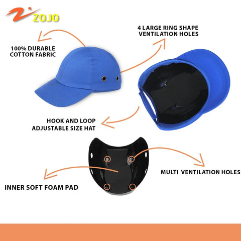 Five Pack Reflective Bump Cap Hard Hat With Adjustable Hook And Loop Fit Lightweight Breathable Twill Royal Blue And Mesh Safety Cap For Men And Women ABS Shell With Soft Foam Pads