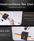 Instructions for Automatic Wire Threading Machine For Drywall And Conduit Pipes Electric Drill Compatible Cable Pulling Tool showing threading and cable jam features.