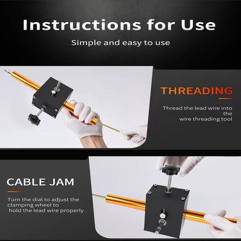 Instructions for Automatic Wire Threading Machine For Drywall And Conduit Pipes Electric Drill Compatible Cable Pulling Tool showing threading and cable jam features.