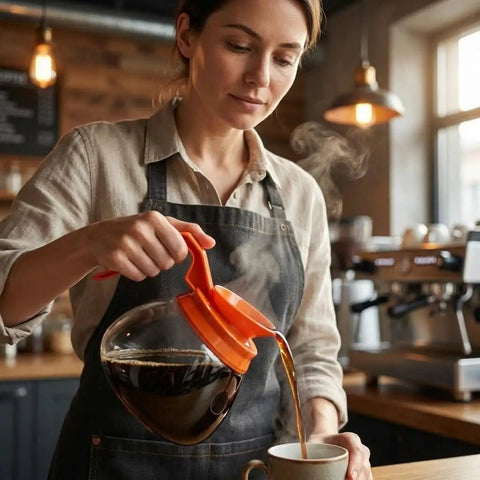 Woman pouring coffee from 64 Oz Commercial Glass Coffee Pot Decanter With Orange Decaf Handle at cafe counter
