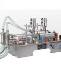 Top Shelf Double Head Pneumatic Piston Bottle Filler Built Tough Stainless Steel Liquid Dispenser with hoses and controls.