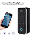Keyless Entry Door Lock with Keypad and Fingerprint next to smartphone, showing unlocking options with advanced access control system.