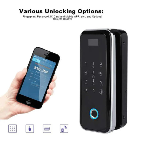 Keyless Entry Door Lock with Keypad and Fingerprint next to smartphone, showing unlocking options with advanced access control system.