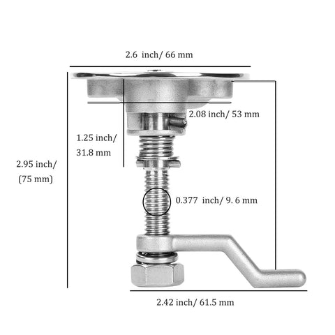 Heavy Duty 316 Stainless Boat Cam Latch With Flush Hatch Pull dimensions showing height, width, and handle details