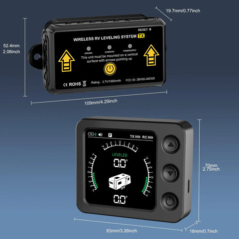 True Wireless RV Leveling System With Portable Display No Wires No App No Fuss, showing dimensions and interface details