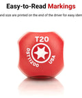 Close-up of T20 Torx driver handle with tip type and size markings for T30 Torx Hard Handle Screwdriver With Black Oxide Blade DST11300