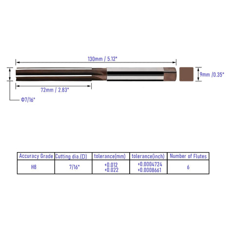 Hand Reamer Workhorse For Metalworking Seven Sixteenths Inch Alloy Tool Steel 9CrSi H8 With Six Flutes, size and dimensions shown