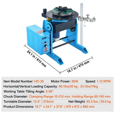 Built Different Rotary Welding Positioner Table With 30 Kilogram Capacity And Easy 0 To 90 Degree Tilting Plus Smooth 1 To 15 Rpm Rotation For Knockout Precision Without The Hassle, showing blue metal frame and control panel.