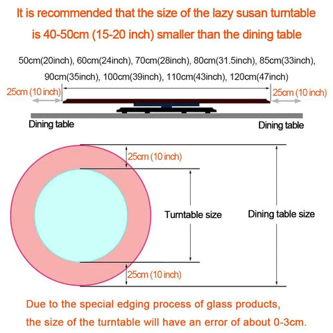 Diagram showing recommended size of dining table for Heavy Duty 80cm Lazy Susan Turntable With Tempered Glass Top Silent Bearing.