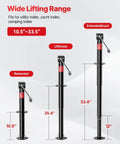 FZZD 5000-lb black A-frame trailer jack with crank; cordless drill compatible, shown retracted to extended.