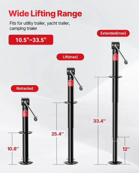 FZZD 5000-lb black A-frame trailer jack with crank; cordless drill compatible, shown retracted to extended.