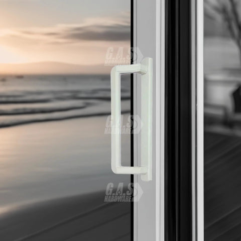 Ten Inch Exterior Sliding Glass Door Handle Replacement For Patio Doors White Finish Durable Diecast Construction Ideal For Exterior Sliding Glass Door Replacement On Homes And Offices Providing Smooth Operation And Secure Latching installed on a patio door