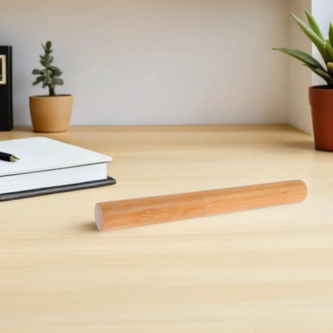 Poster Storage Tube With Caps For Docs And Artwork on a wooden desk, cylindrical and impact resistant for safe document storage.