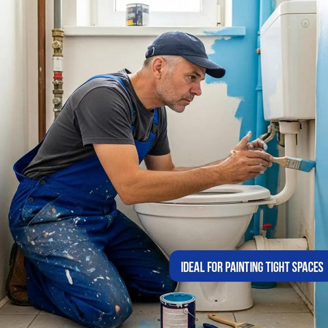 Painter using Top-Notch 10 Pack Wall and Trim Paint Brushes Set for Pros and DIYers on bathroom wall detailing behind a toilet.
